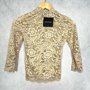 Cream tan nude scallop lace hallowed out high neck quarter sleeve top.
